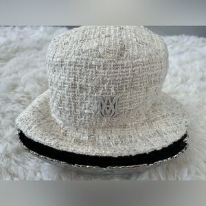 Amiri- Chic White Tweed Bucket Hat with rhinestone